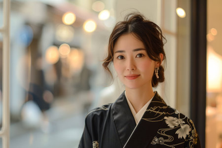 A Japanese woman bringing elegance and sophistication to her clothing boutique, offering impeccably tailored garments and timeless classics that embody the grace and refinement of Japanese fashion aesthetics.の素材