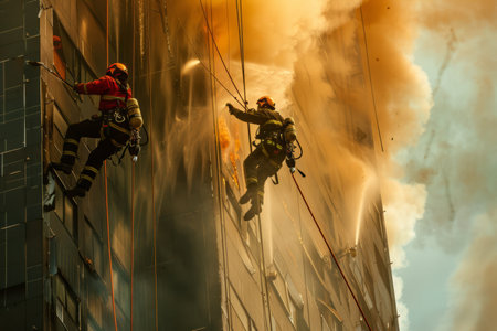 A team of dedicated firefighters conducting a high-rise rescue operation, scaling the side of a burning building with ropes and harnesses, their coordinated efforts and bravery exemplifying the essence of heroism.の素材