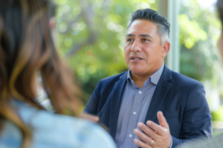 A Hispanic businessman, leading a mentorship program for at-risk youth in his community, providing guidance and support to help them overcome obstacles and achieve their full potential, his investment in the next generation building a brighter future for underserved communities.の素材