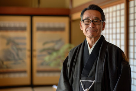 A Japanese businessman, leading a team-building retreat at a traditional Ryokan inn, fostering trust and camaraderie through ancient rituals and shared experiences, his reverence for cultural heritage strengthening bonds and fostering resilience in the face of adversity.の素材