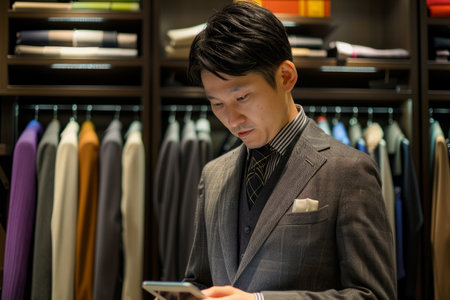 A Japanese seller stands poised in the showroom, efficiently using a digital tablet to assist customers browsing through clothes. His attention to detail and technological proficiency contribute to a seamless shopping experience for visitors.の素材