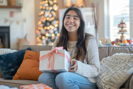 A Hispanic young woman happily opens gifts, discovering a new pair of shoes among them, while enjoying her birthday on the couch at home. Her smile radiates warmth as she tries on her stylish footwear, feeling grateful for the love and generosity surrounding her.の素材