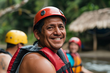 A Hispanic businessman, leading a team-building excursion to a remote eco-resort, fostering teamwork and resilience through adventure sports and immersive cultural experiences, his inclusive leadership style nurturing a sense of belonging and unity among his diverse team members.の素材