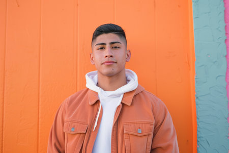 A Generation Z male of Hispanic descent, harnessing the power of social media and influencer culture to promote cultural heritage and celebrate diversity, his vibrant online persona and authentic storytelling resonating with audiences around the world, his pride in his roots serving as a source of inspiration for others.の素材