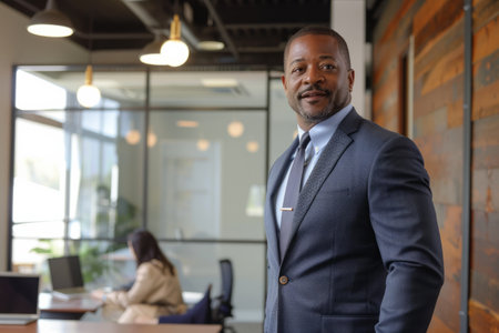 A confident African American businessman, standing tall in a modern office space, leading a team meeting with charisma and authority, his sharp suit and commanding presence exuding professionalism.の素材
