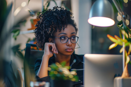 A determined Black entrepreneur, surrounded by startup essentials in a cozy office nook, burning the midnight oil as she works tirelessly on her business plan, fueled by passion and perseverance.の素材