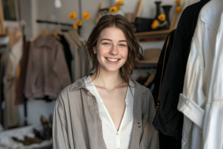A Caucasian fashionista with an eye for timeless elegance and understated luxury, curating a carefully curated selection of classic wardrobe staples and sophisticated statement pieces in her chic clothing store.の素材