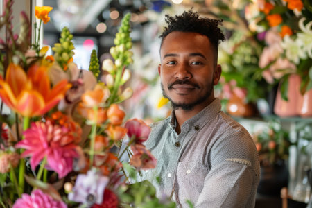 A Black entrepreneur infusing his diverse cultural influences into his floral business, offering a fusion of traditional and contemporary floral designs that reflect the richness and diversity of his heritage, captivating customers with his unique style and vision.の素材