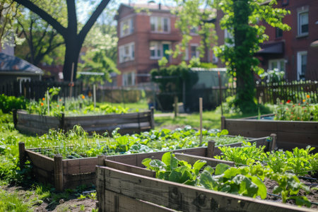 A community garden where neighbors collaborate to grow fresh produce, fostering a sense of connection, sustainability, and food safety for all residents.の素材