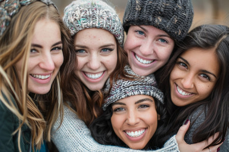 A close-knit group of friends who have formed their own chosen family, supporting each other through life's ups and downs with love, loyalty, and unwavering acceptance.の素材