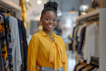 A confident Black saleswoman, with a passion for fashion, stands elegantly in the clothing store. She greets customers warmly, offering personalized assistance and styling advice. Her knowledge of the latest trends and attention to detail ensure a delightful shopping experience for every visitor.の素材