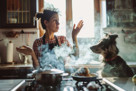 A Hispanic woman looks anxious as she encounters a problem preparing food, discovering a burnt meal on the kitchen hob. Confused, she waves her hands amidst the smoke, her faithful dog by her side. Together, they face the challenge head-on, illustrating perseverance and collaboration in overcoming obstacles.の素材