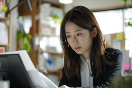 A Japanese female executive, meticulously organizing her workstation with minimalist decor, preparing for an important presentation, her focused demeanor reflecting dedication and precision.の素材