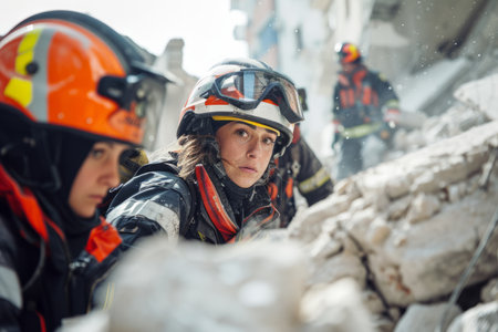A team of female firefighters conducting a search and rescue operation in a collapsed building, their coordinated efforts and expertise instrumental in locating and extricating survivors trapped in the rubble, their bravery and compassion shining through in the face of adversity.の素材