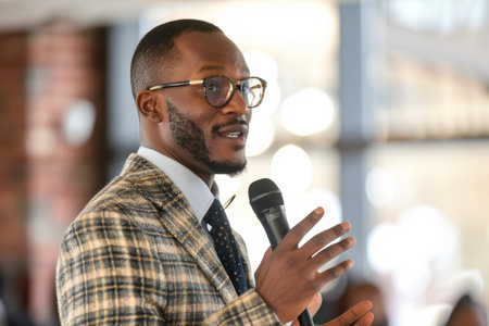 A Black entrepreneur, hosting a startup pitch competition for minority-owned businesses, providing a platform for aspiring entrepreneurs to showcase their ideas and access funding and mentorship opportunities, his commitment to equity and diversity driving positive change in the startup ecosystem.の素材