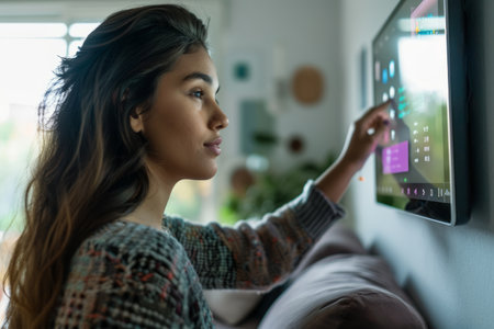 A Hispanic young woman embraces the convenience of a smart home, managing her living space with a digital touch screen panel in the living room. With a keen understanding of smart home technology and mobile applications, she effortlessly adjusts settings and controls devices, optimizing her home environment for comfort and efficiency. Her seamless integration of technology enhances her lifestyle with modern convenience.の素材
