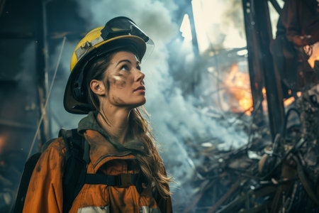 A female firefighter navigating through smoke and debris in a burning building, her training and expertise guiding her as she searches for survivors and assesses the situation, her courage unwavering in the face of danger.の素材