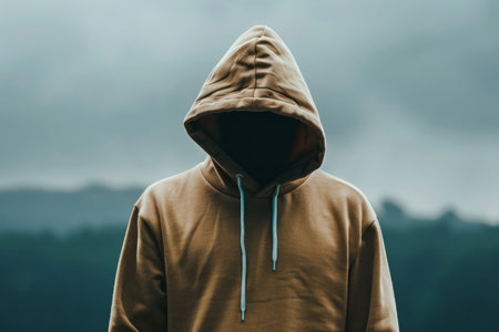 a Caucasian person wearing a hoodie, with the hood concealing their face, presenting an anonymous and mysterious figure.の素材
