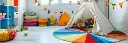 a cheerful Latino children's playroom with a tent and toys. Bright and colorful area for children's activitiesの素材