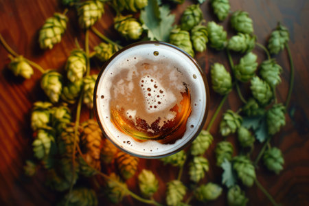 a cool glass of beer with an array of hops encircling it, capturing the essence of the brewing process and the allure of craft beer culture.の素材
