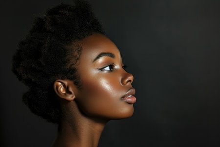 a close-up side view of a pretty young Black woman posing against a black background, capturing her elegant profile.の素材