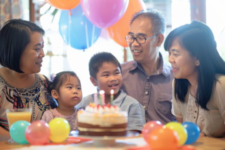a family with diverse backgrounds celebrating a child's birthday, with balloons, cake, and joyous smilesの素材