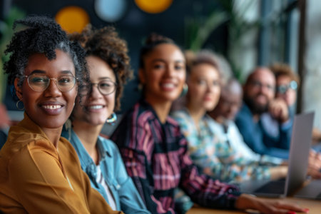 Portrait of smiling African American businesswoman with colleagues in backgroundの素材