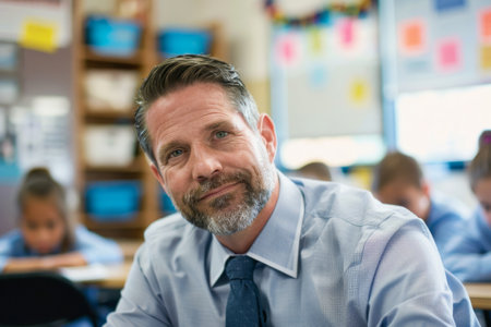 a Caucasian male teacher sitting in a school class, exemplifying dedication and commitment to education.の素材