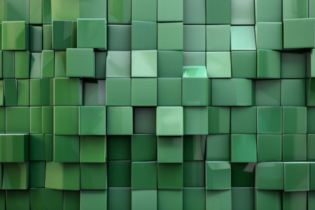 3D, green rectangular mosaic tiles with a semigloss finish. Stacked blocks forming a futuristic wall background. 3D renderの素材