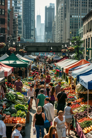 a bustling city farmers' market with colorful stalls and a variety of fresh produceの素材