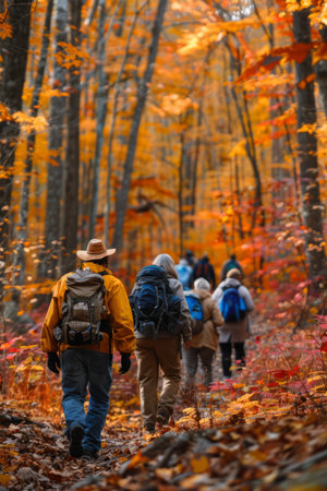 a diverse group of people hiking through a colorful autumn forestの素材