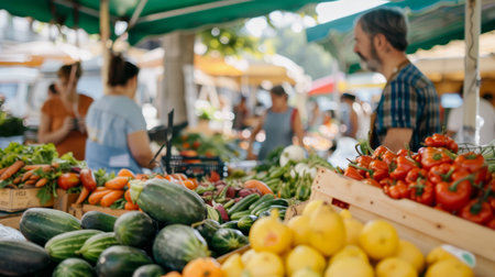 a bustling farmers' market with fresh produce, artisanal products, and happy customersの素材