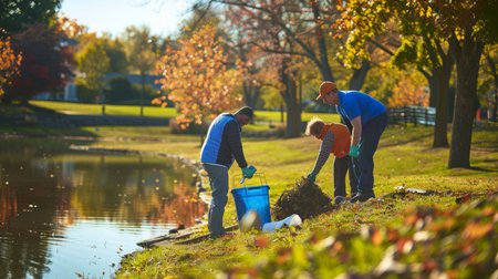a community clean-up day with volunteers picking up litter in a scenic parkの素材