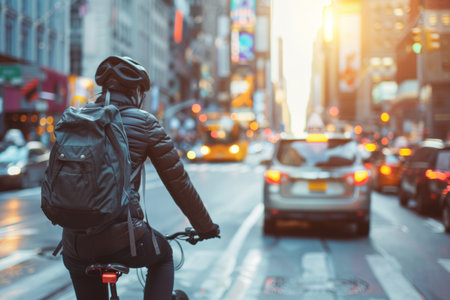 a person commuting on a bicycle through a busy city street, promoting eco-friendly transportation and urban life.の素材