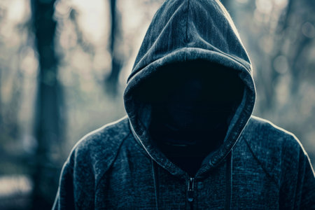 a Caucasian person wearing a hoodie, with the hood concealing their face, presenting an anonymous and mysterious figure.の素材
