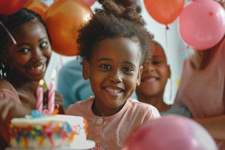 a family with diverse backgrounds celebrating a child's birthday, with balloons, cake, and joyous smilesの素材