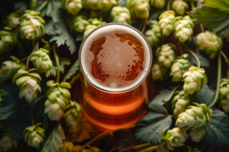 a cold, fresh glass of beer surrounded by lots of hops, showing the essence of craft brewing and the richness of flavor.の素材