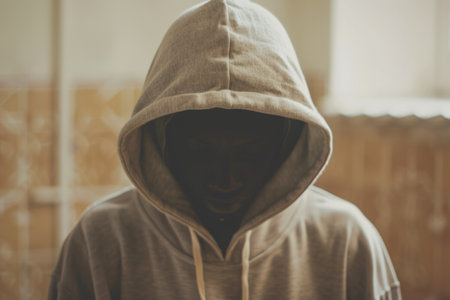 a Black person wearing a hoodie, with the hood covering their face, adding an element of mystery and anonymity.の素材
