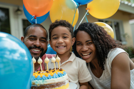 a family with diverse backgrounds celebrating a child's birthday, with balloons, cake, and joyous smilesの素材