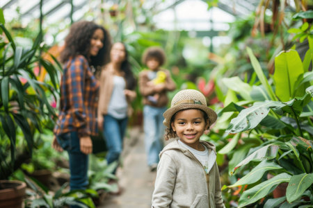 Portrait of smiling little girl looking at camera in greenhouse with her familyの素材