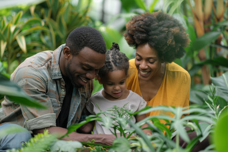 Happy African American family with little girl in a botanical garden.の素材