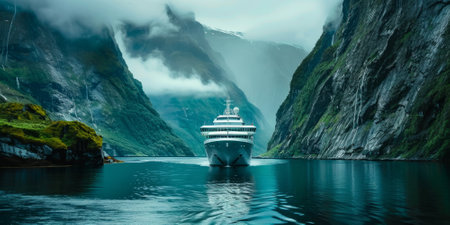 a cruise ship highlighting the grandeur of the vessel against the backdrop of stunning natural scenery. Majestic ship and breathtaking surroundingsの素材