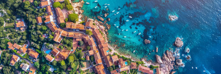 a drone view of a coastal town with colorful houses, winding streets, and clear blue waterの素材