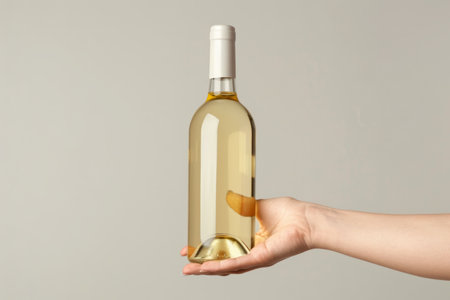 a female hand gracefully cradling a white wine bottle, highlighting the refined taste and appreciation for quality.の素材