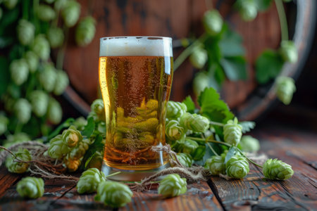 a cold, fresh glass of beer surrounded by lots of hops, showing the essence of craft brewing and the richness of flavor.の素材