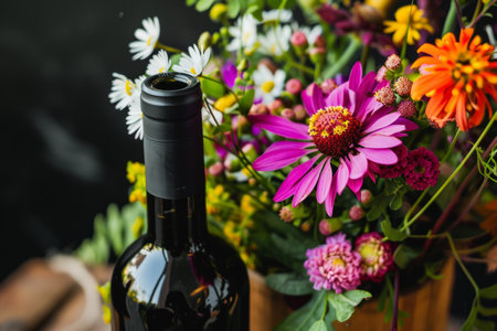 a red wine bottle adorned with colorful flowers, adding a touch of natural beauty and sophistication to the scene.の素材