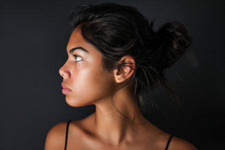 a close-up side view of a pretty young Hispanic woman posing against a black background, capturing her elegant features.の素材