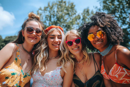 a group of smiling friends posing together, dressed in fashionable summer clothes and stylish sunglasses. They exude confidence and camaraderie as they enjoy a sunny day out.の素材
