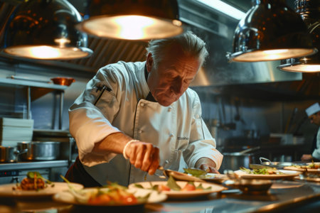 a professional chef preparing a gourmet meal in a restaurant kitchen, showing culinary skills and fine dining.の素材