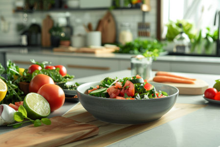 Plate with tasty fresh salad on table in kitchen, closeupの素材